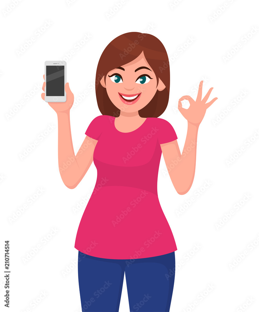 Cute young woman showing smartphone and OKAY/ OK sign. Vector illustration in cartoon style. Cute young woman showing smartphone and OKAY/ OK sign. Vector illustration in cartoon style.