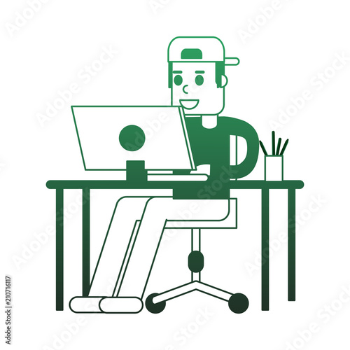 Man working with laptop at office vector illustration graphic design