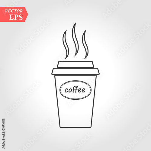Coffee line glass sign icon. Hot coffee button. Hot tea drink with steam. Takeaway. Gray circle button with icon. Vector
