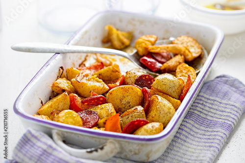 Chorizo, potatoes, red pepper & onion in baking dish 