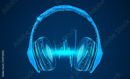 Bright glowing neon headphones isolated on blue background, music concept. Banner. Abstract image of a starry sky or space, consisting of points, in the form of stars and the universe. Low poly vector