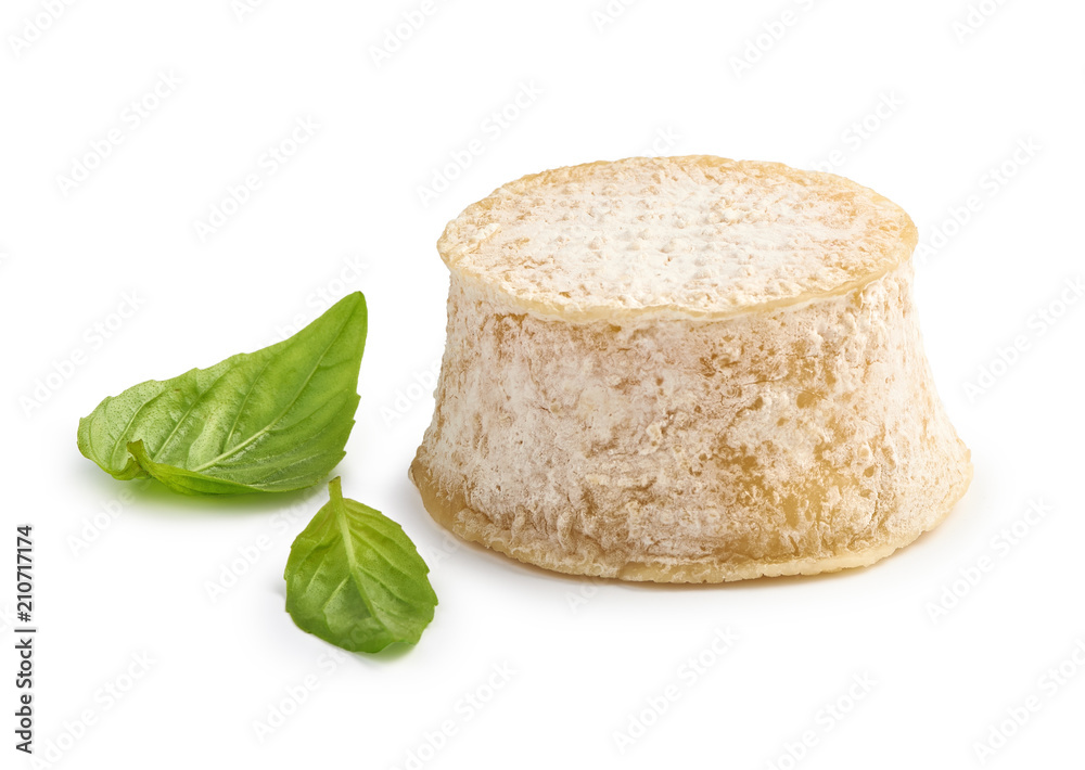Crottin cheese with basil leaves isolated on white background