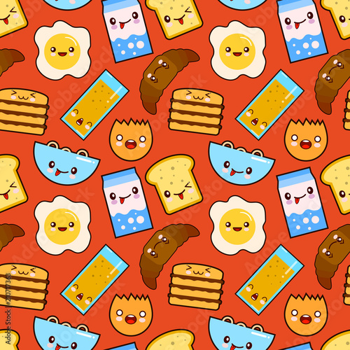 Fun vector seamless pattern Funny characters breakfast vector toasts bread, milk, fried egg cute food and drink in kawaii style with smiling face