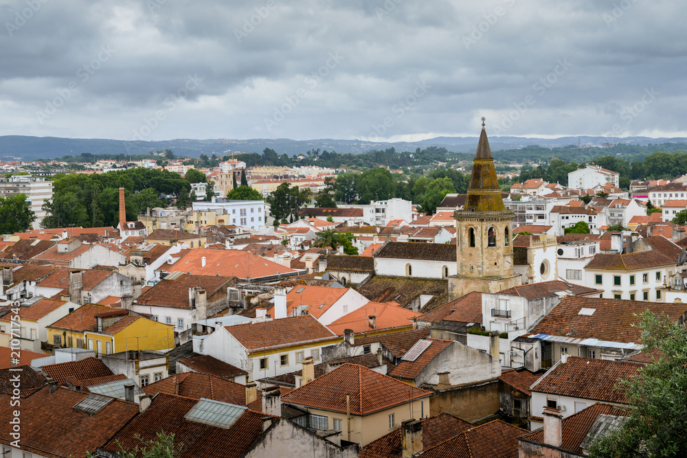Aerial view of Tomar, Portugal with the prominent churchtower of the 15th-century Church of Saint John the Baptist