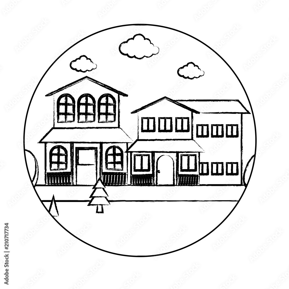 sketch of Frame in circle shape with traditional houses in a landscape over white background, vector illustration sketch of Frame in circle shape with traditional houses in a landscape over white background, vector illustration