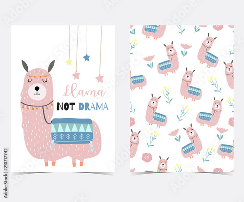Hand drawn cute card with llama,flower,leaf ,wreath,star in summer.Llama not drama
