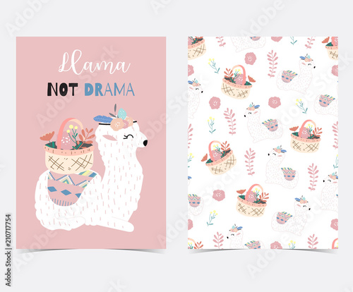 Hand drawn cute card with llama,flower,leaf ,wreath,basket in summer.Llama not drama