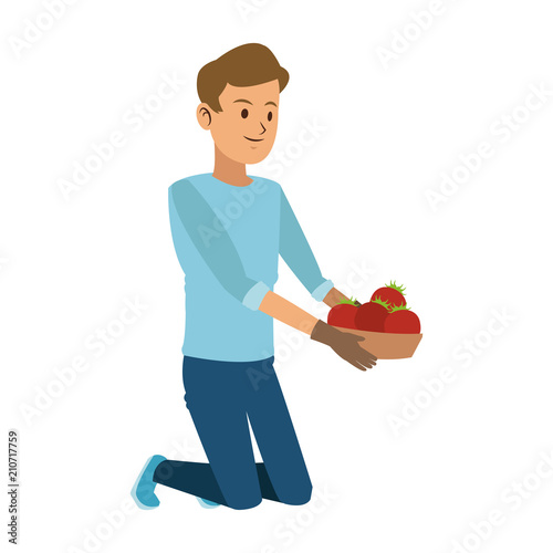 Man with tomatos on basket vector illustration graphic design