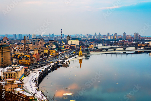Aerial view of Podol and Dnipro river in the evening in Kyiv  Ukraine