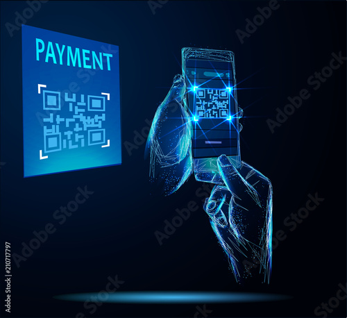 Digital pay without money, using for mobile phone application to scan QR. Banner. Abstract image of a starry sky or space, consisting of points, in the form of stars and the universe. Low poly vector