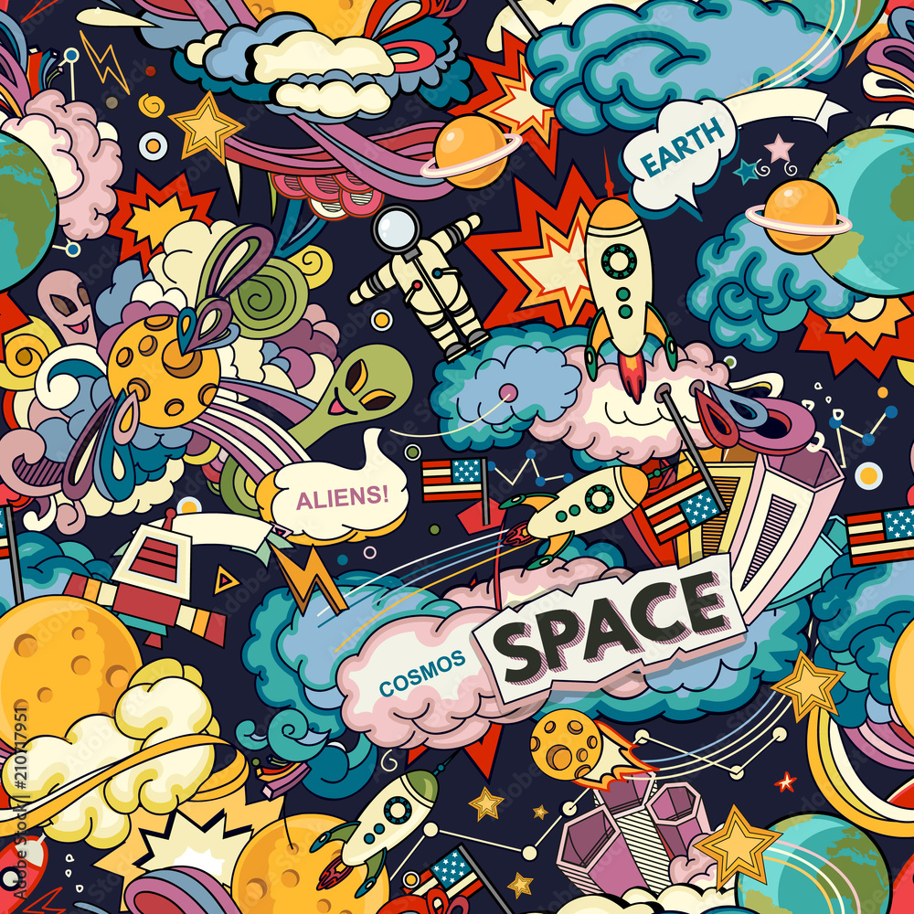 Obraz premium Kosmos tło wektor. Kreskówka bezszwowe tło. Wzór z kreskówki rakiety kosmiczne, kosmonauta, planety, gwiazdy.