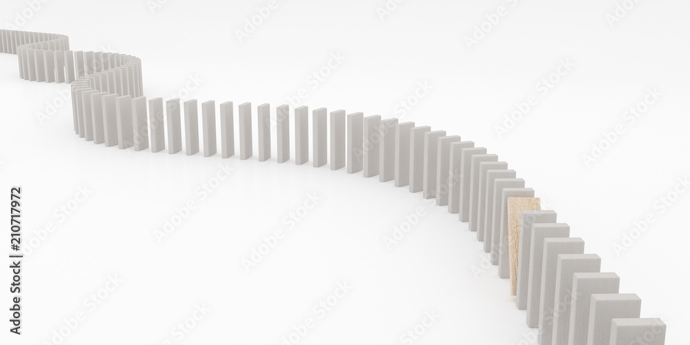 Closeup of wooden dominoes are falling down on white background, 3d rendering Closeup of wooden dominoes are falling down on white background, 3d rendering