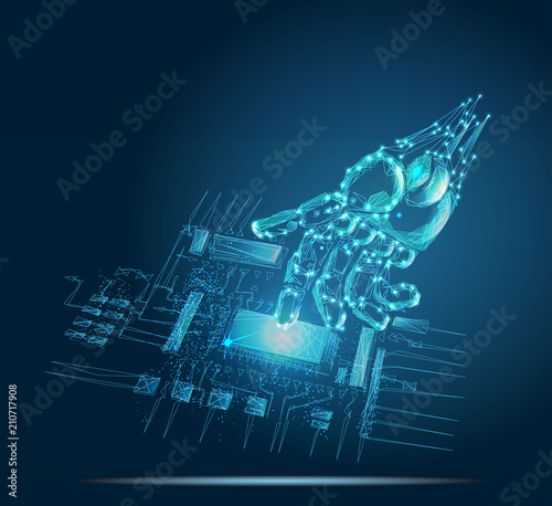 Robotic hand touching digital circuit board with index finger. Banner. Abstract image of a starry sky or space, consisting of points, lines,  in the form of , stars and the universe. Low poly vector