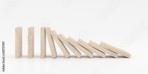 Closeup of wooden dominoes are falling down on white background, 3d rendering photo