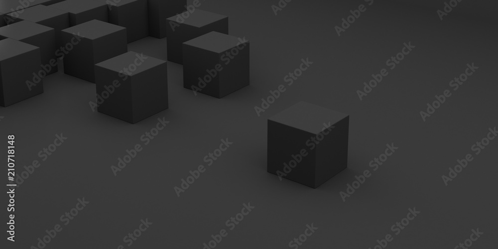 Abstract concept of black cubes on dark background, 3d rendering