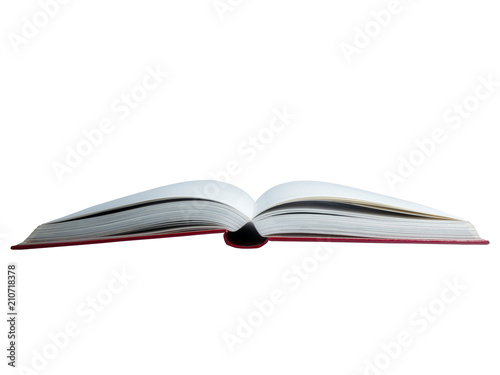 Red covered opened book with pages fluttering. On white background.