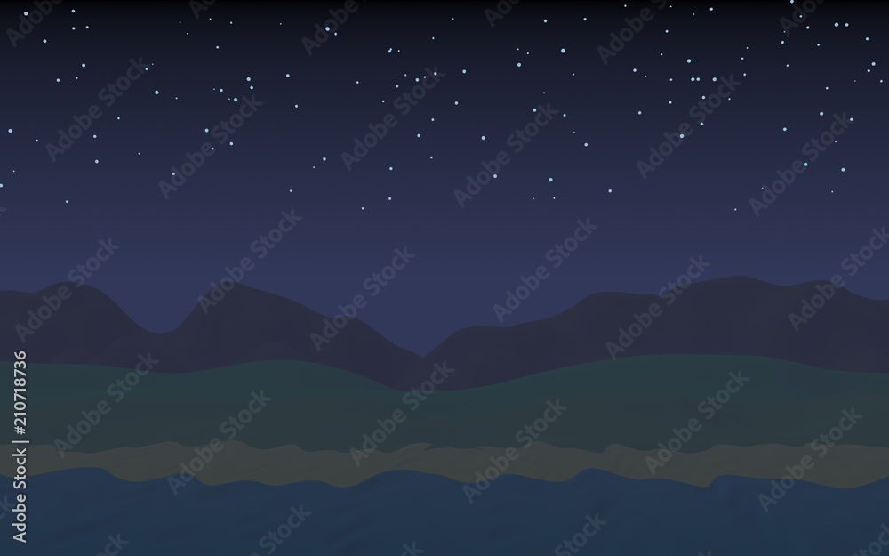 Starry moonless sky. Ocean shore line with waves on a beach. Island beach paradise with waves. Vacation, summer, relaxation. Seascape, seashore. Minimalist landscape, primitivism. 3D illustration