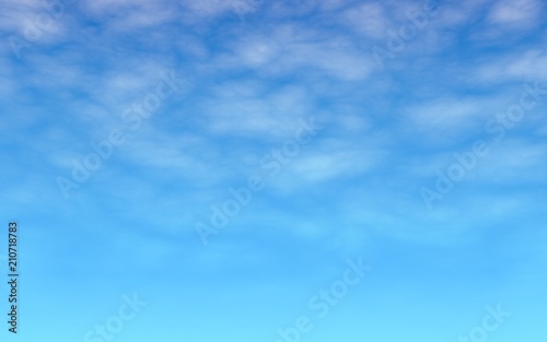 The bright sky in the morning. Blue sky background with white clouds. Cumulus white clouds in the clear blue sky. 3D illustration