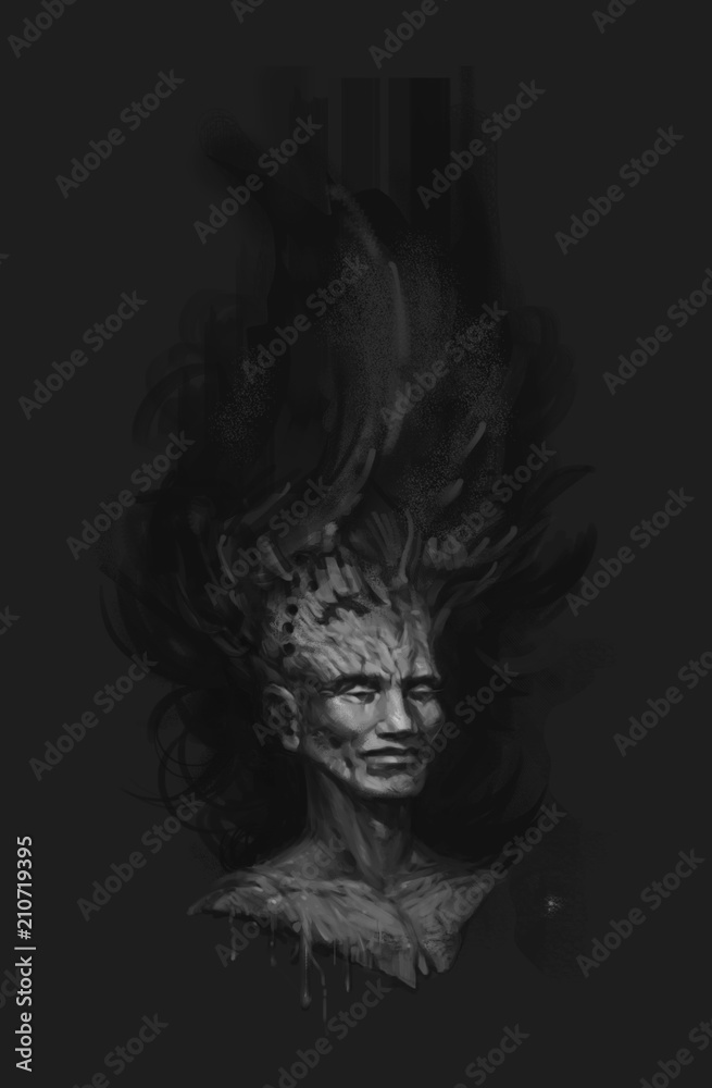 A fabulous forest character. Illustration of a dark elf. Black cover for a book, disk. The concept. 2d Painting. Raster image.