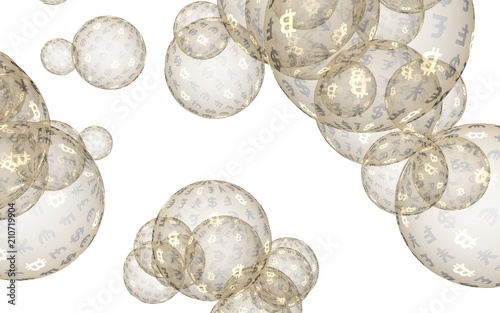 Bitcoin economic financial bubble. Cryptocurrency 3D illustration. Business concept. Golden bubbles on a white background