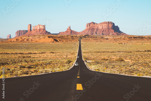 Classic highway scene in Monument Valley at sunset, USA