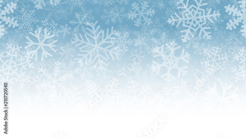 Christmas illustration of many layers of snowflakes of different shapes, sizes and transparency. On gradient background from light blue to white.