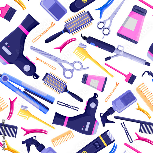 Beauty salon vector seamless pattern. Colorful hair hairdresser tools and equipment.