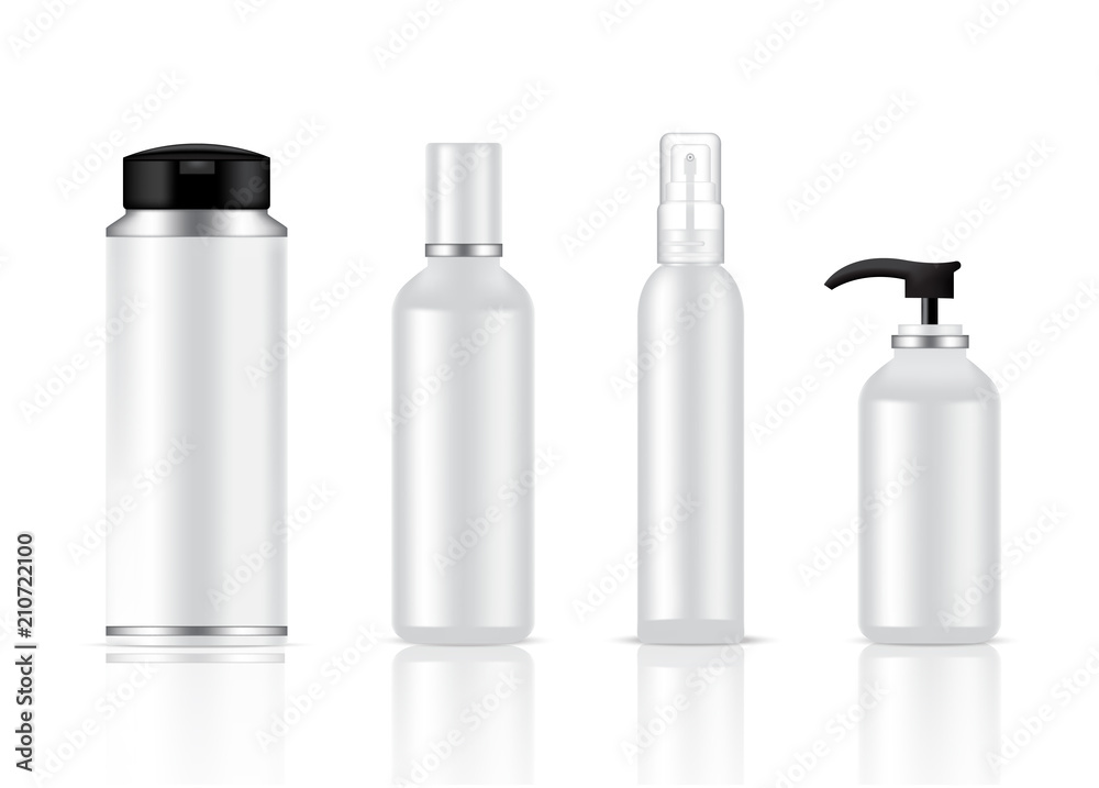 Mock up Realistic White, Black and Metal Cosmetic Bottles Set Background Illustration