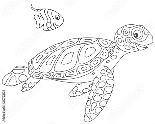 Funny sea loggerhead turtle and a small striped butterfly fish swimming together, black and white vector illustration in a cartoon style for a coloring book