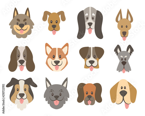 Dog faces collection. Cute cartoon dog faces with their tongue outside. Avatar icon set. Vector illustration.