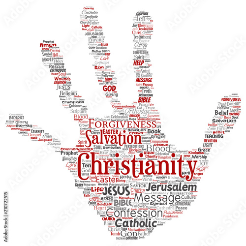 Vector conceptual christianity, jesus, bible, testament hand print stamp  word cloud isolated background. Collage of teachings, salvation resurrection, heaven, confession, forgiveness, love concept