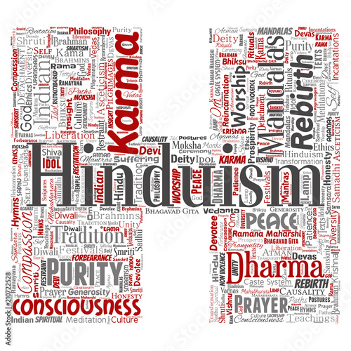 Vector conceptual hinduism, shiva, rama, yoga letter font H red word cloud isolated background. Collage of mandalas, samsara, celebration, tradition, peace, compassion, rebirth, karma, dharma concept
