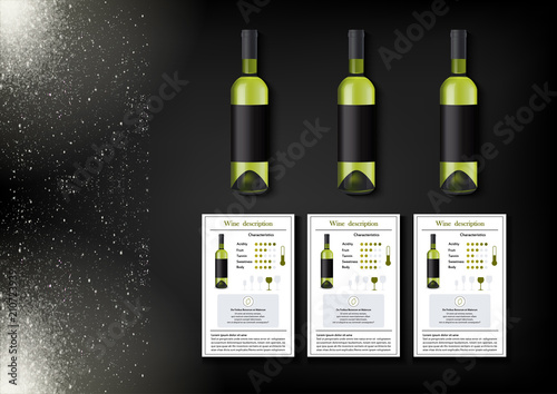 A simple design of realistic bottles of wine and wine cards with descriptions and characteristics of the wine on a black background with sparkling sparkles.Vector illustration in photorealistic style.
