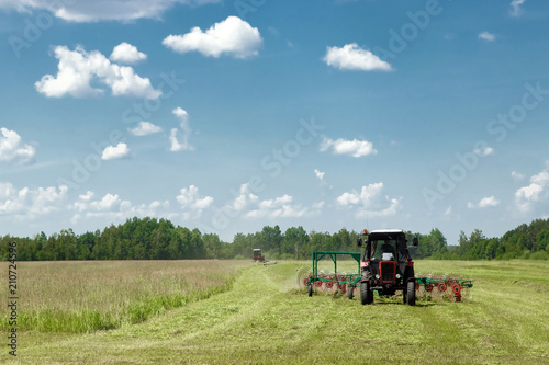 Agricultural machinery  a tractor collecting grass in a field against a blue sky. Hay harvesting  grass harvesting. Season harvesting  grass  agricultural land.