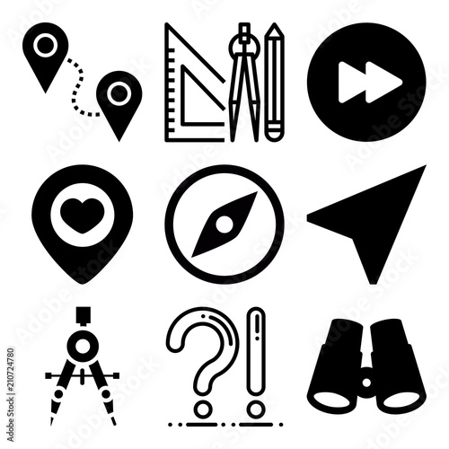 Vector icon set  about location with 9 icons related to measurement, orienteering, picture, player and abstract