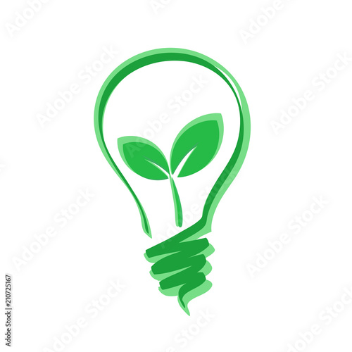 green bulb with plant leaf, green energy concept, stock vector illustration