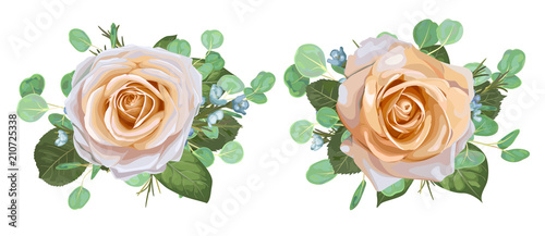 Vector floral bouquet design: garden creamy powder pale Rose wax flower,  Eucalyptus branch greenery leaves. Wedding vector invite card Watercolor