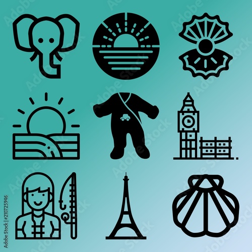 Vector icon set about travel and tourism with 9 icons related to london, scene, smiling, kingdom and romantic