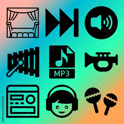 Vector icon set  about music player with 9 icons related to style, interface, arrows, equipment and circle photo