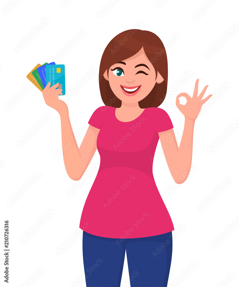 Pretty woman showing multi bank cards in hand and gesturing okay/OK sign. Vector illustration in cartoon style. Pretty woman showing multi bank cards in hand and gesturing okay/OK sign. Vector illustration in cartoon style.