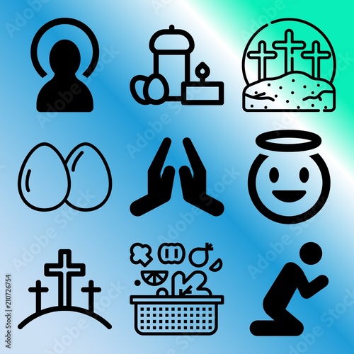 Vector icon set  about easter with 9 icons related to man, yolk, pray, salvation and finger