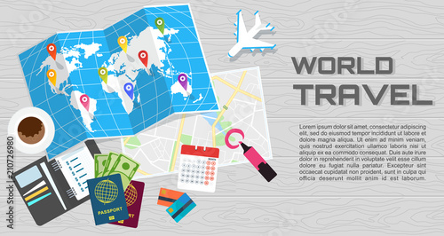 World tour banner. Passport for customs clearance, airplane tickets, route planning. Flat vector cartoon illustration. Objects isolated on white background.