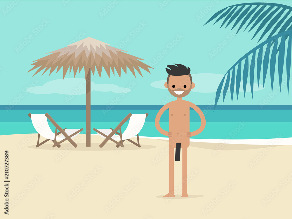 nudist Nudist beach. Young character on vacation. Two chaise lounges under the  palm tree umbrella. Background. Paradise. Flat editable vector  illustration, clip art Stock ベクター | Adobe Stock