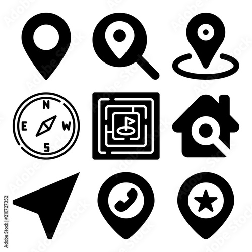Vector icon set  about location with 9 icons related to vintage, field, information, wedding and application