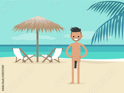Nudist beach. Young character on vacation.  Two chaise lounges under the palm tree umbrella. Background. Paradise. Flat editable vector illustration, clip art