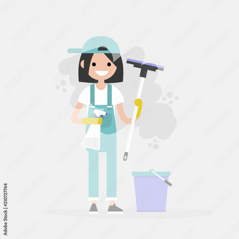 Cleaning service. Young character washing a window. Household chores. Cleanup. Flat editable vector illustration, clip art Cleaning service. Young character washing a window. Household chores. Cleanup. Flat editable vector illustration, clip art