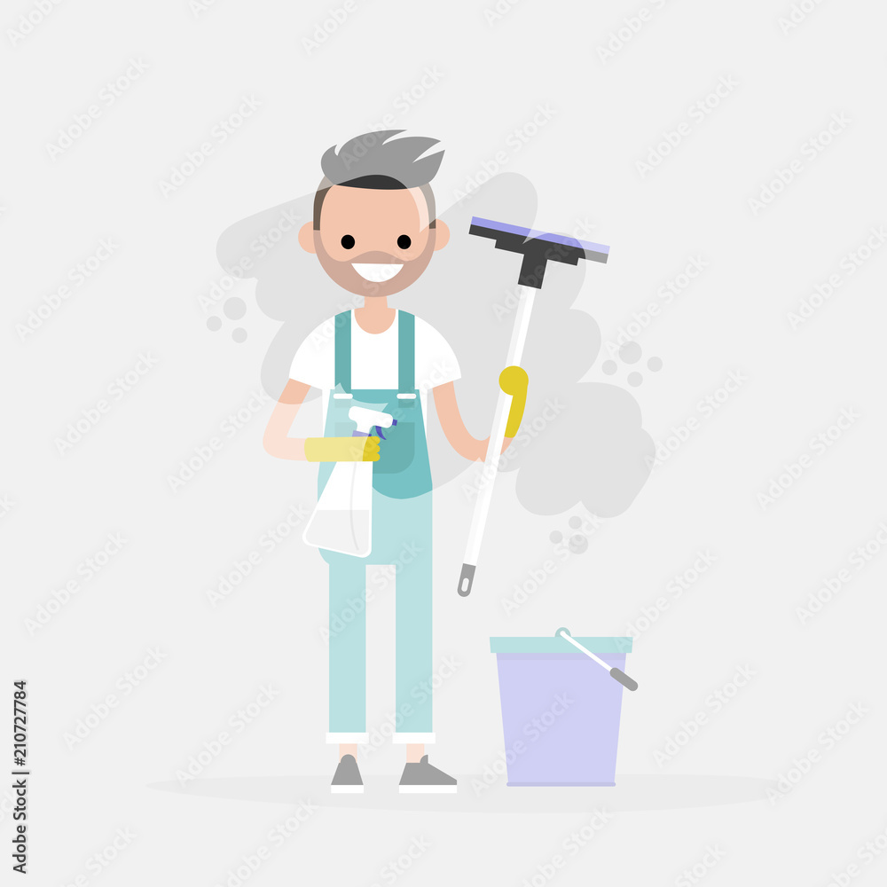 Cleaning service. Young character washing a window. Household chores. Cleanup. Flat editable vector illustration, clip art Cleaning service. Young character washing a window. Household chores. Cleanup. Flat editable vector illustration, clip art