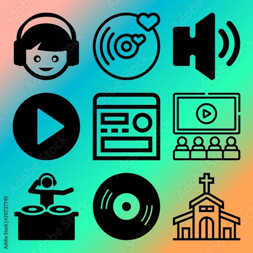 Vector icon set  about music player with 9 icons related to headphone, label, praise, architecture and earflaps