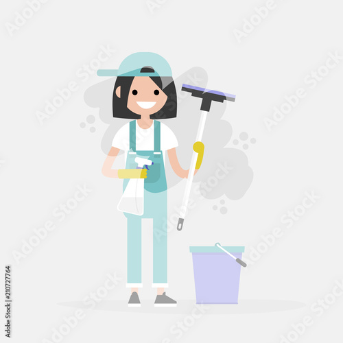 Cleaning service. Young character washing a window. Household chores. Cleanup. Flat editable vector illustration, clip art