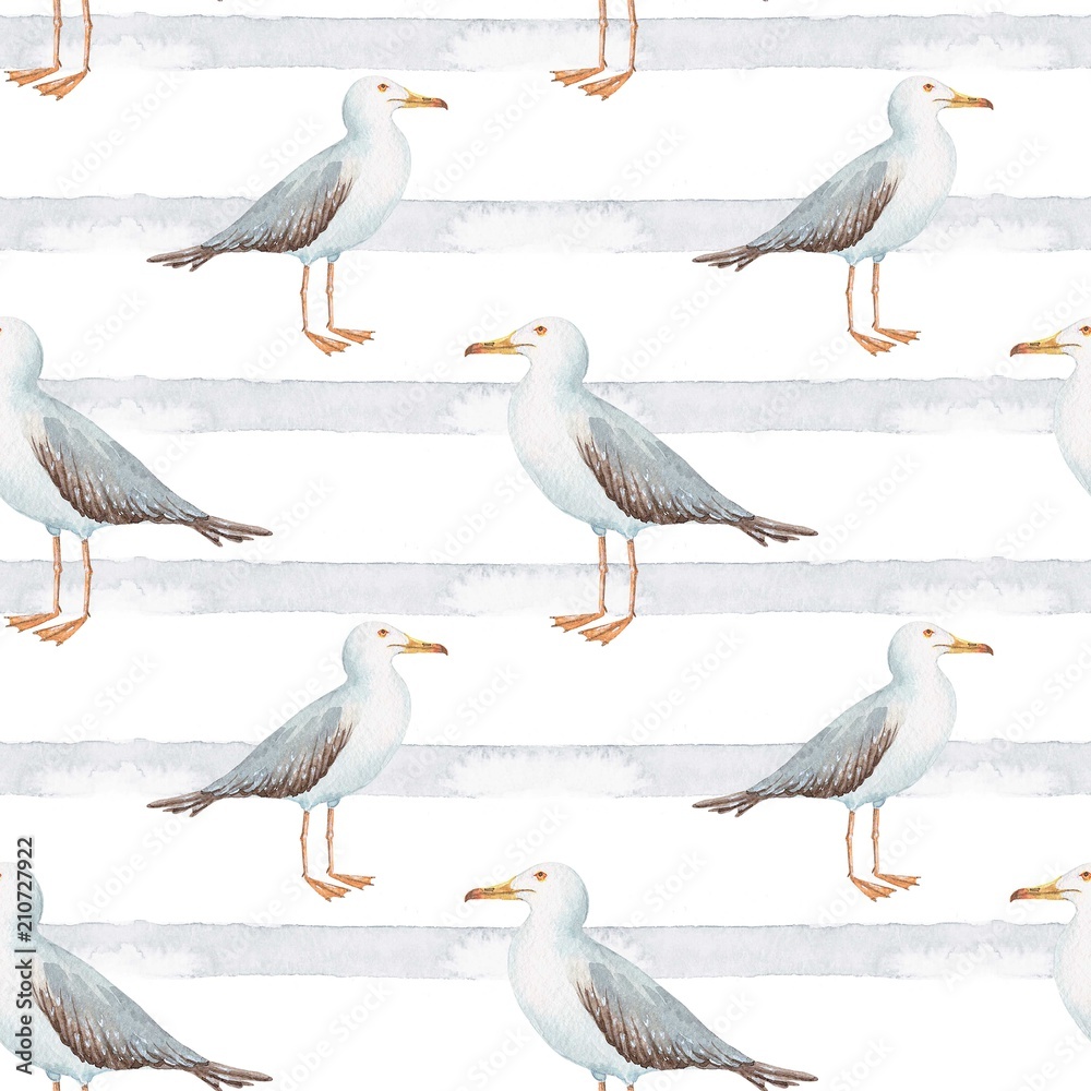 Naklejka premium seamless pattern watercolor in marine style bird gull on white background